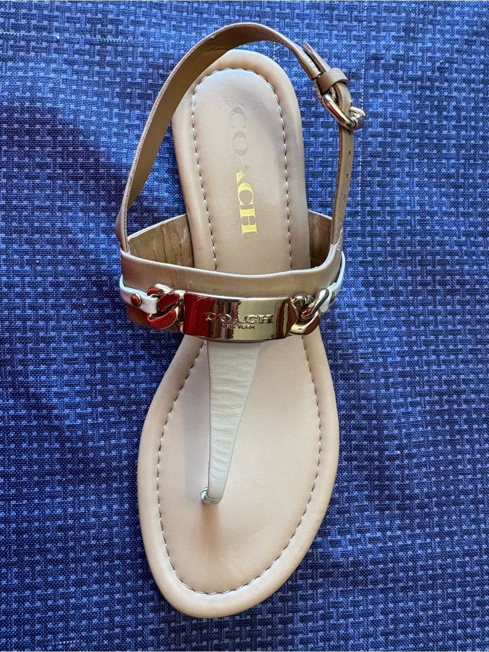 Coach Nude Leather T-strap Sandal with Gold Chain Accent
